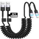 Coiled Lightning Cable, 2-Pack USB to Lightning Carplay Cable [MFi Certified] with Data Sync and LED for Car, Retractable Fast Charger Cord for iPhone 14/13/12/11 Pro Max Plus, iPads, iPods, 4FT/Black