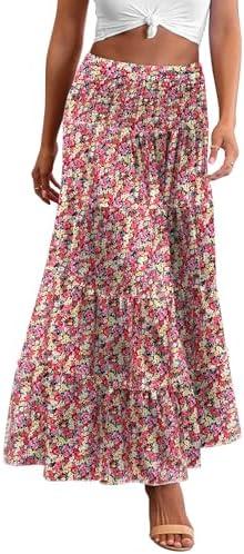 Zeagoo Women's Long Maxi Skirts Tiered Elastic High Waist Boho Double Layered Print A-Line Casual Midi Dress Size Large