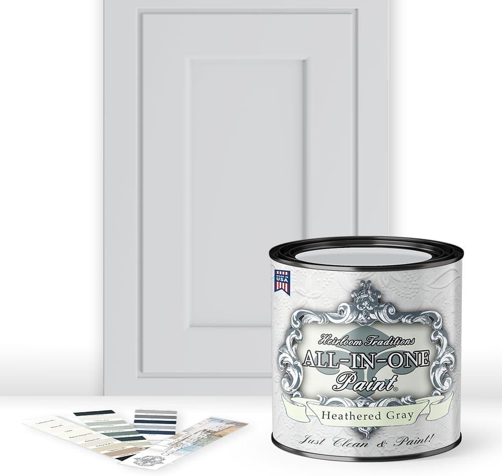 ALL-IN-ONE Paint by Heirloom Traditions, Heathered Gray (Light Cool Gray), Quart - Durable cabinet and furniture paint. Built in primer and top coat, no sanding needed. Includes our 30 featured color (32 Fl Oz (Pack of 1))