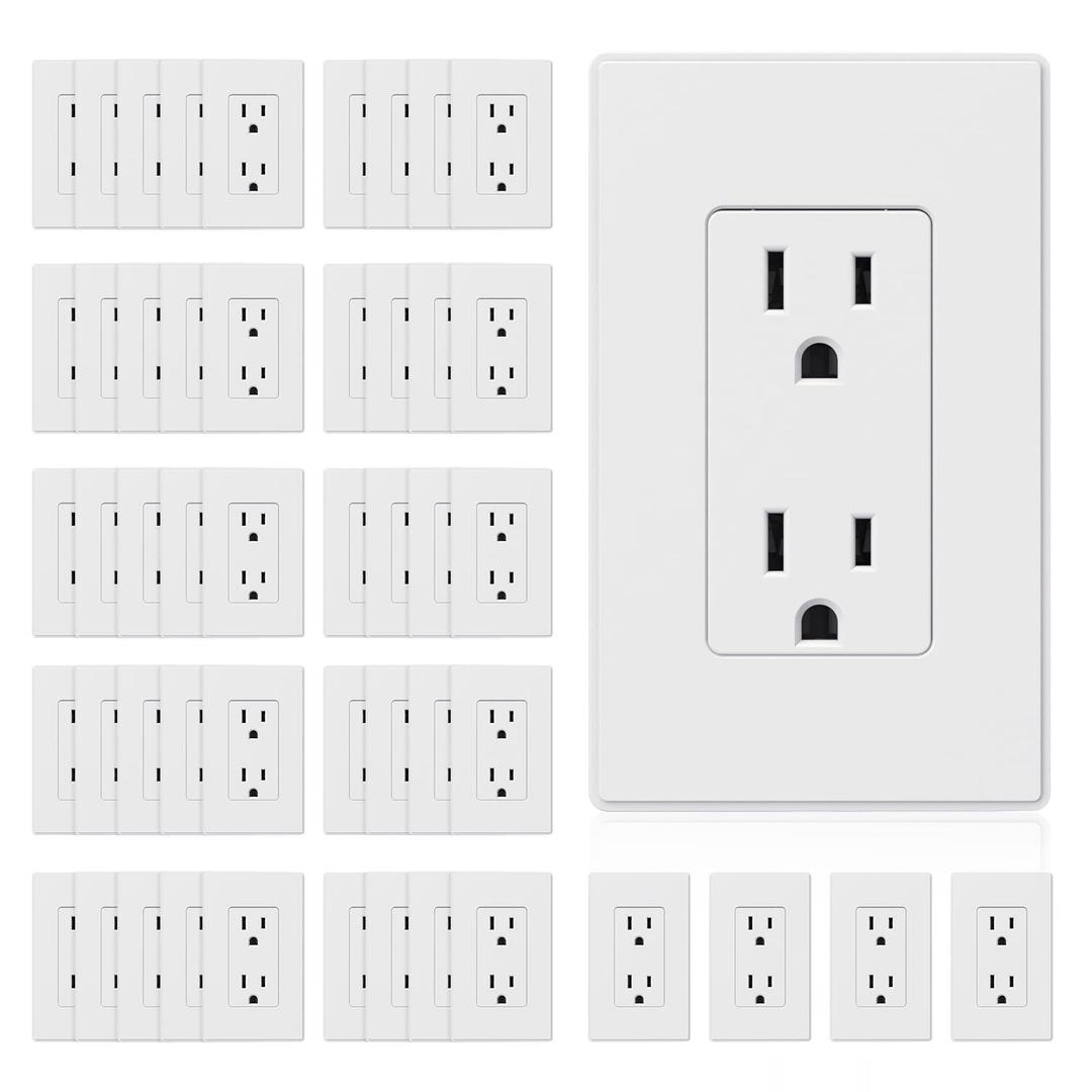 ELEGRP Matte White Standard Decorator Electrical Wall Receptacle Outlet, 15A 125V, 2 Pole 3 Wire, Non- Tamper Resistant, NEMA 5-15R, Self-Grounding, Wall Plate Included, UL Listed, 50 Pack