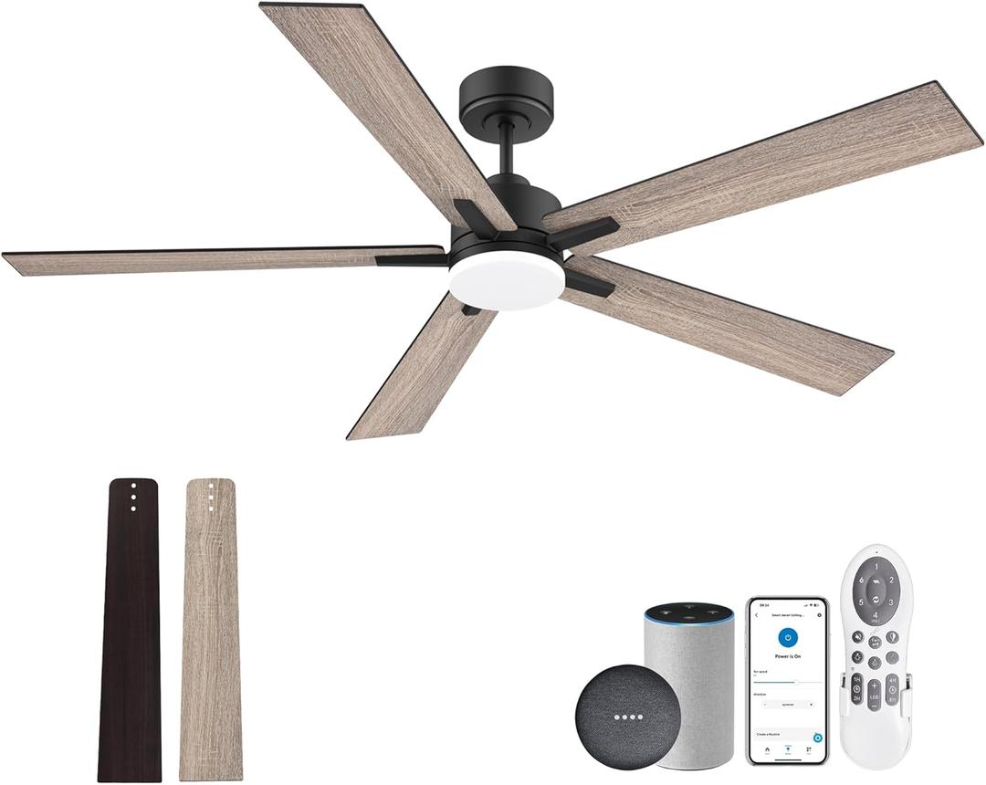 60 Smart Ceiling Fan with Lights Remote,Control via Alexa Google App Wifi,Silent DC Motor,Dimmable,Outdoor Indoor Modern Ceiling Fans for Large Bedroom Living Room Kitchen Patio,Black Walnut Brown