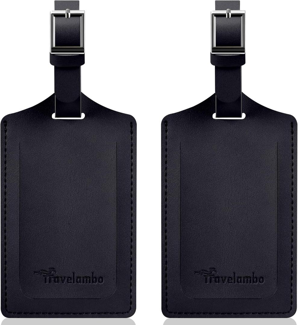 Travelambo Luggage Tags for Suitcases Faux Leather Privacy Protection 2 Pack Bag Tags Travel Accessories Essential, Black