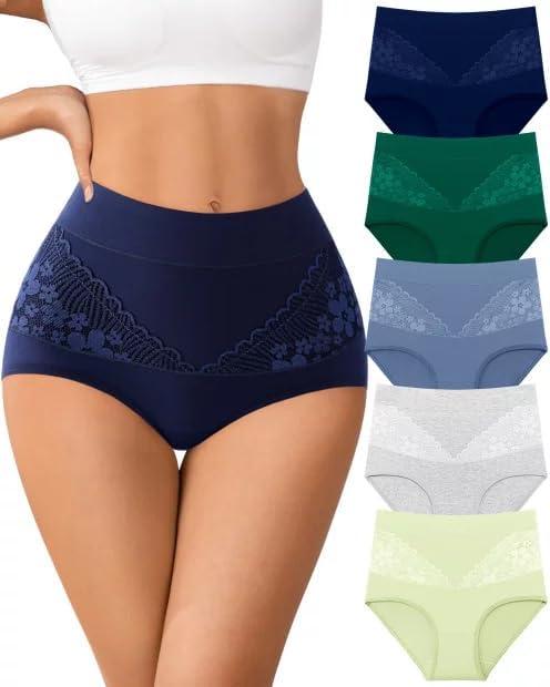 High Waisted Underwear for Womens Cotton Tagless Soft Ladies Panties Full Coverage Slight Tummy Control Briefs 5 Pack (Medium)