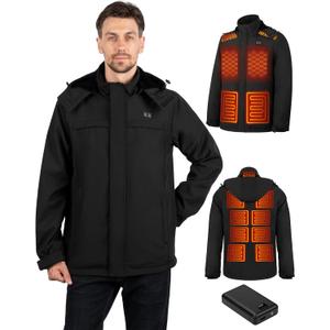 Heated Jackets for Men, Windproof Waterproof Winter Heating Coat, Mens Soft Shell Heated Jacket, Detachable Hood (X-Large)