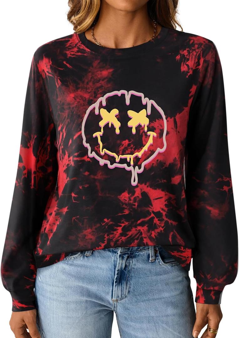 Remidoo Women's Tie Dye Long Sleeve T Shirt Graphic Tees Crewneck Oversized T-shirts Red Small (Red)
