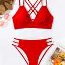 Fanuerg Women's Sexy V Neck Bikini Sets Hollow Out Two Piece Swimsuits Cutout Mid Waist Bathing Suit (Red, XS)