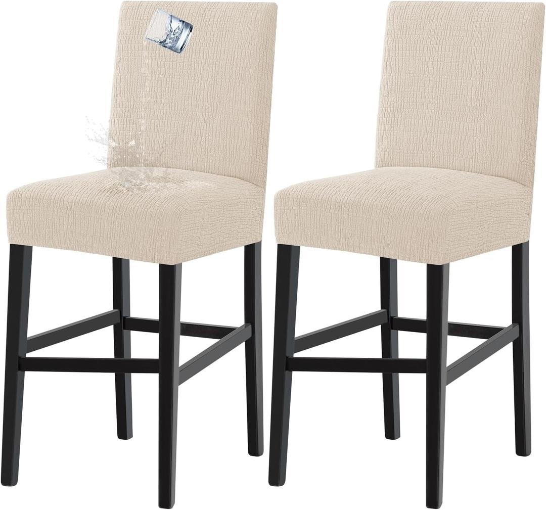 Turquoize 100% Waterproof Bar Stool Cover Stretch Washable Barstool Seat Covers Set of 2, Removable Bar Chair Covers with Backs, Counter Height Chair Cover for Kitchen Dining Room Cafe (2, Ivory)