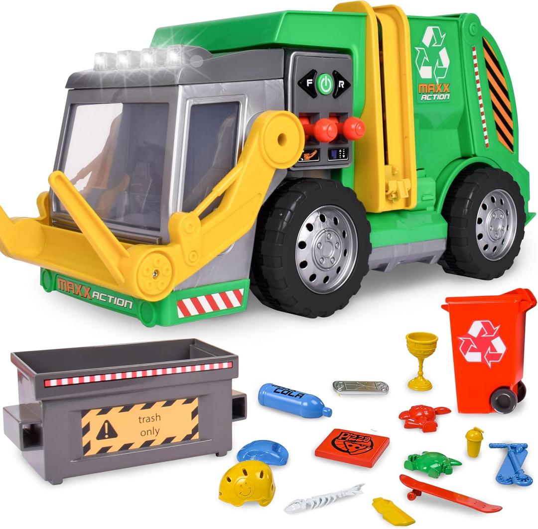 Maxx Action Large Motorized 19" Maxx Action Garbage Truck Toy Set with Lights and Sound Includes Dumpster, Trash Bin and Miniature Trash Pieces for Kids