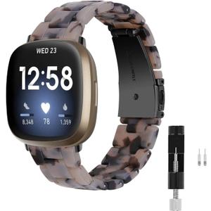 Resin Watch Band Compatible with Fitbit Versa 4/Sense 2/Versa 3/Fitbit Sense, Lightweight Adjustable Fashion Bracelet Wristband Replacement for Women Men with Stainless Metal Buckle (Black Grey)