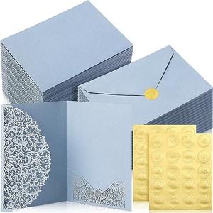 PerKoop 100 Set 5 x 7 Laser Cut Wedding Invitation with Envelopes and Wax Seal Stickers Blank Pocket Invitation Cards Kit for Wedding Bridal Shower Engagement Invite(Dusty Blue)