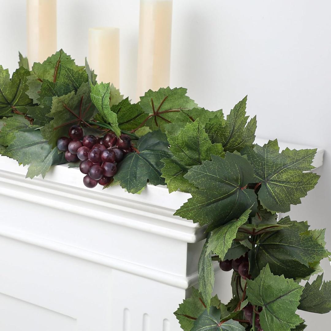 Artificial Grape Leaf Garland Vine Plant for Decoration Fake Greenery Garlands Hanging Leaves with Grapes for Wine Italian Themed Party Decor Wedding Photo Stage Favors(20 ft,Dark Green)