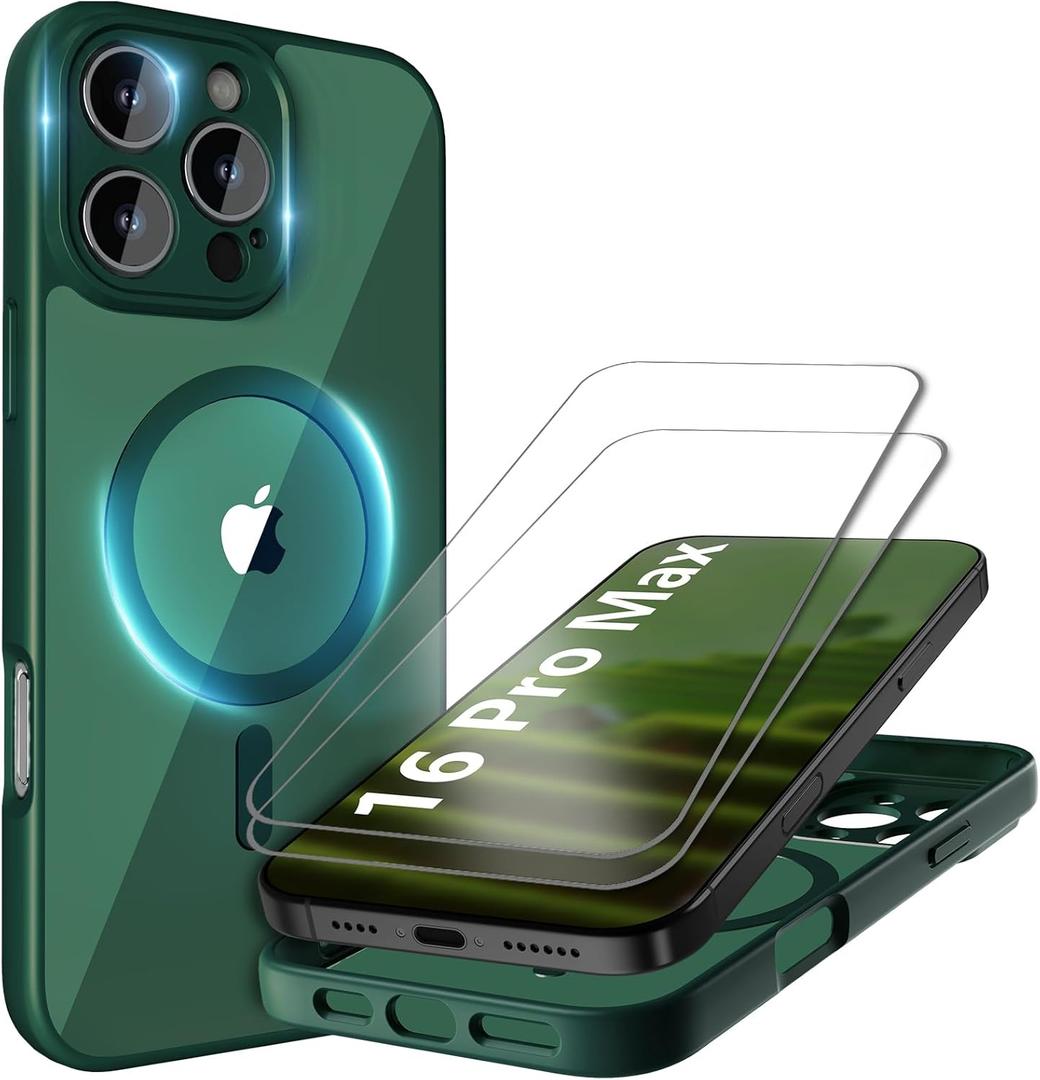 Cufelf Magnetic for iPhone 16 Pro Max Case(Compatible with Magsafe) Full Camera Protection,2+Full Coverage Screen Protector,Translucent Matte,Military Drop Protection Phone Case,6.9",Green
