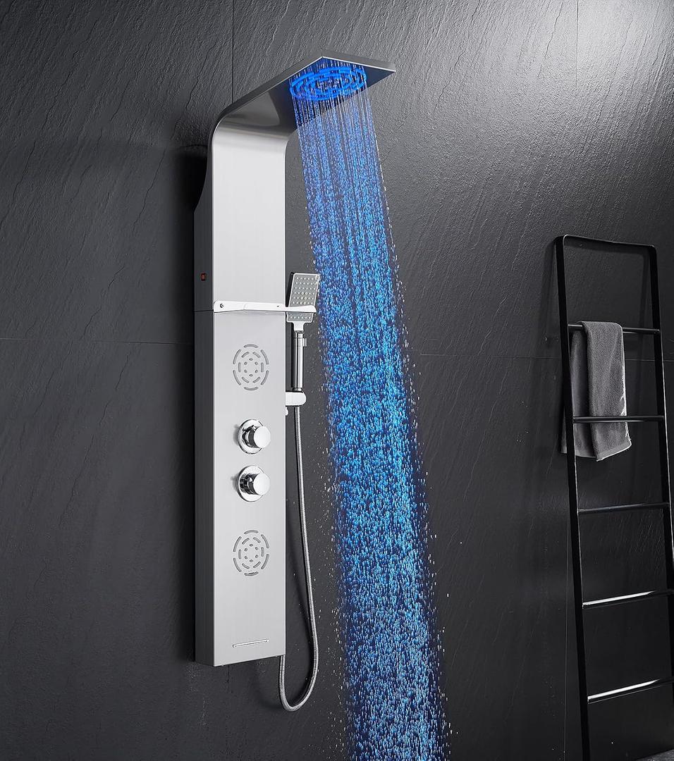 POPFLY Shower Panel Tower System with Shelf, LED Mist & Rain Shower Head, 304 Stainless Steel Shower Tower, 2 Body Jets, Tub Spout, Brushed