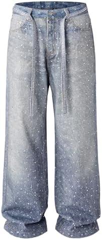 Men Baggy Rhinestone Jeans Wide Leg Denim Pants Vintage Sparkly Pearl Jeans Y2k Oversized Hip Hop Pants for Women L