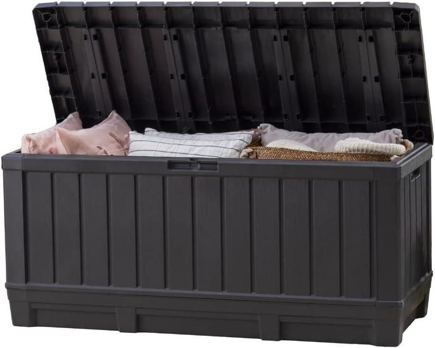 Keter Kentwood 92 Gallon Resin Deck Box-Organization and Storage for Patio Furniture Outdoor Cushions, Throw Pillows, Garden Tools and Pool Floats, Dark Grey