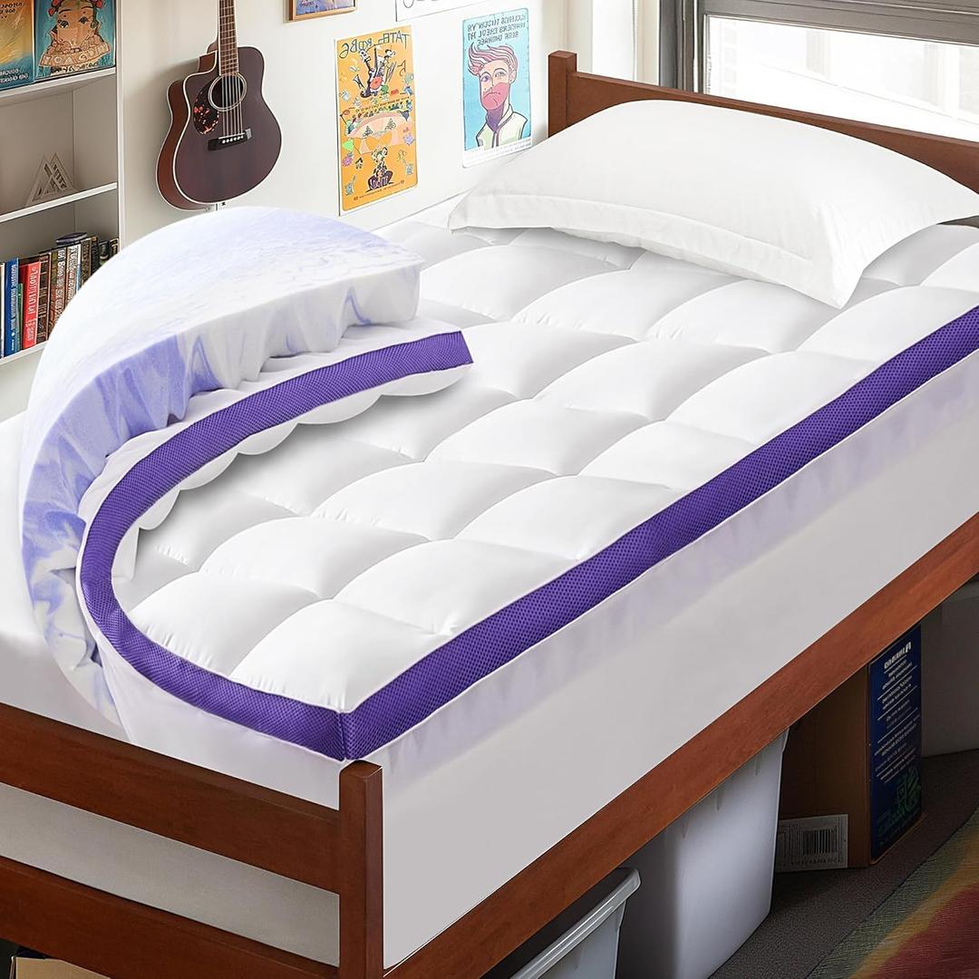 Dual Layer Memory Foam Twin XL Mattress Topper - 2 Inch Gel Egg Crate Foam and 2 Inch Cooling Pillow Top Cover Rayon, Twin Extra Long College Dorm Support for Back Pain