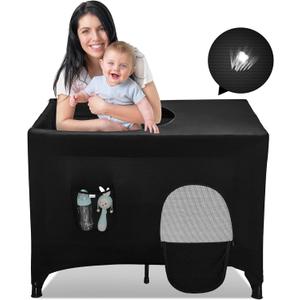 Poudee Pack n Play Blackout Cover Travel Crib Blackout Cover Breathable Blackout Tent for Travel Crib Portable Stretchy Netting Cover