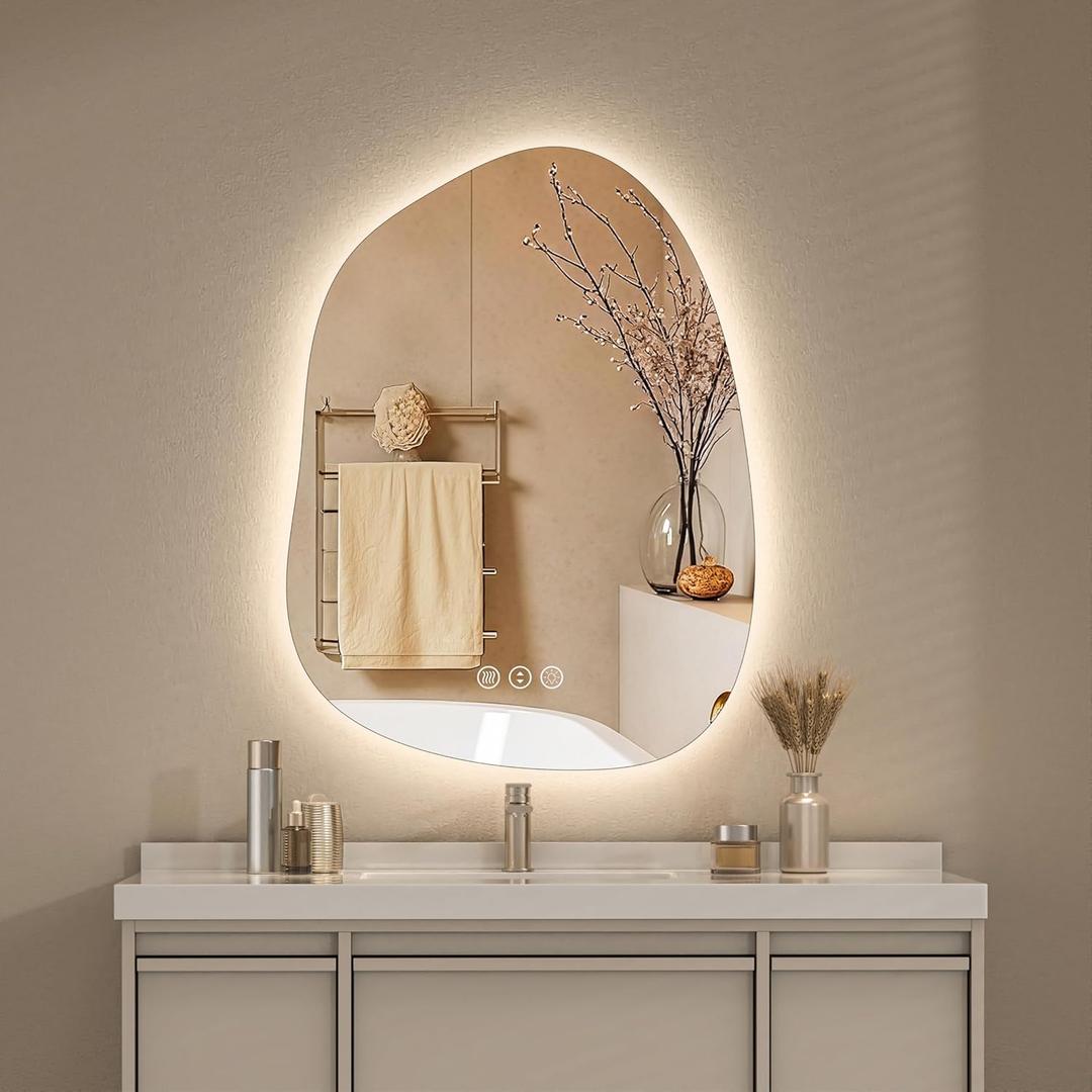Hasipu Irregular Bathroom Vanity Mirror - 27"x20" LED Asymmetrica Mirror with Lights, Abstract Bathroom Mirrors with Backlit, Anti Fog, Memory Function3 Colors and Dimmable Light,Horizontal/Vertical