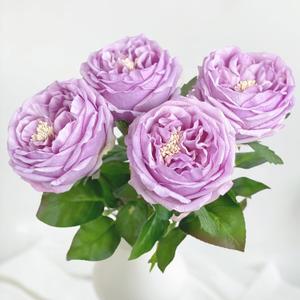 YalzoneMet 3.5'' Big Bloom Rose Artificial Flowers Purple 4Pcs Real Touch Rose Faux 17.7 Inch Long Stem Austen Roses Peonies Fake Flowers for Home Kitchen Party Christmas Flower Wedding Decor