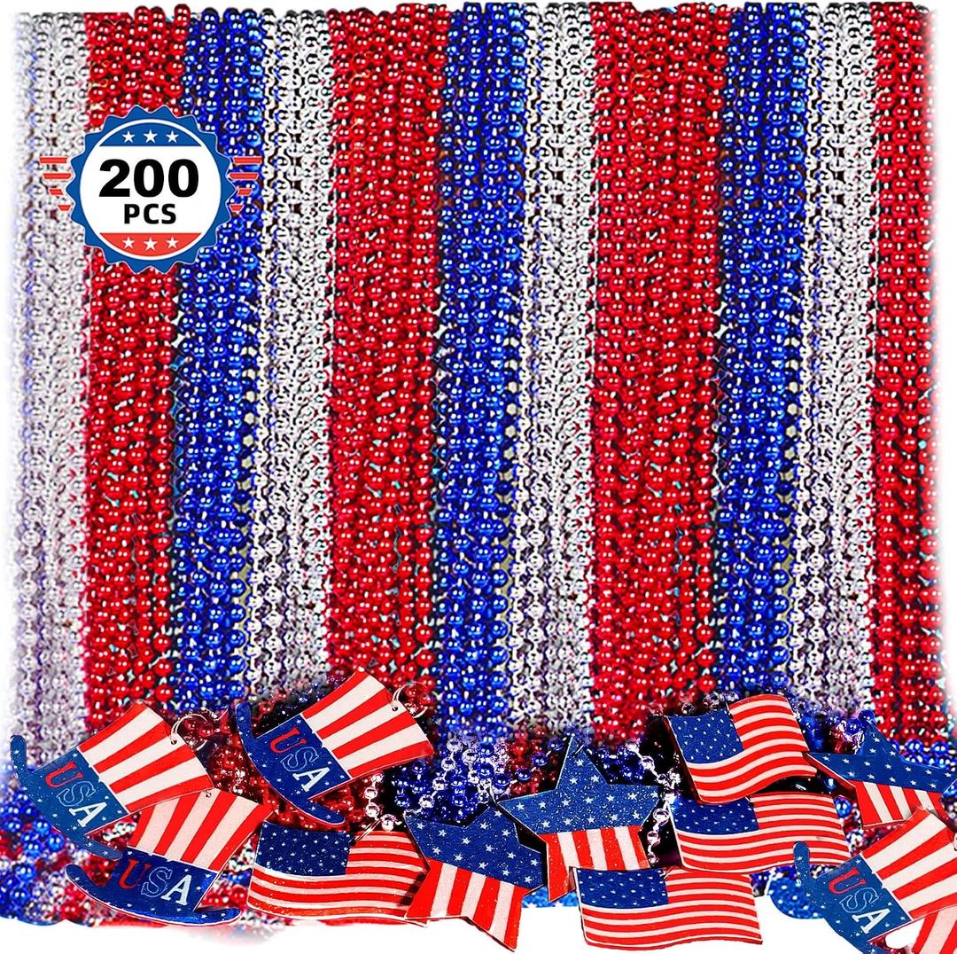 TOAPER 200PCS 4th of July Accessories Necklace for Adult- Red White And Blue Accessories Necklace, 4th Of July Beads Necklace for 250th Anniversary Independence Memorial Day