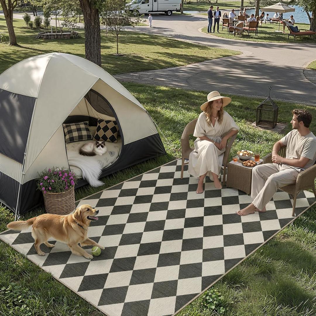 PureCozy Outdoor Patio Rug 5x7 Black/White Checkered Area Rug Linen-Look Washable Indoor Outdoor Living Room Carpet Farmhouse Neutral Non Slip Stain Resistant Rugs for Balcony Porch Garden