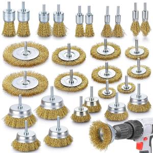 Brass Wire Brush for Drill Rust Removal, Wire Wheel for Drill, Cup Brush and End Brush Set, Wire Brush Drills Attachments, 1/4" Drill Shank, Carbon Steel Bristles (Brass Wire Brush, 28)