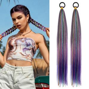 LyoRuSi 2 Pack Braid Ponytail Extension with Elastic Tie Straight Sleek Wrap Around Braid Ponytail Purple Gradient 26 Inch Hair Tinsel Colored Hair Ponytail (Black/Pink/Purple#)