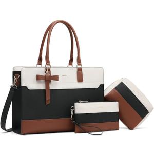 Keyli 3pc Sets Laptop Bag Work Bags for Women, 15.6 Inch Laptop Tote Bag Purses Waterproof Vegan Leather Computer Briefcase Professional Business Shoulder Handbags for Teacher Office Travel White Brown