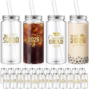 48 Pcs Graduation Plastic Cups with Lid and Straws Bulk 13.5 oz Class of 2026 Plastic Mason Jars Reusable Tumblers Graduation Gifts for Class of 2026 Congrats Grad Party Favors (Gold)