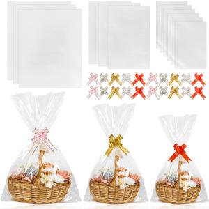 Labeol 50pcs Cellophane Bags 3 Sizes Cellophane Wrap for Gift Baskets 24x30 16x24 12x18 Large Clear Plastic Packaging Bags with 50 Pull Bows for Gift Wrapping