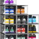 MCIJRJOI 10 Pack Hard Sturdy Thickened Rigid XX Large Shoe Storage Organizer for Closet, Clear Stackable Sneaker Shoe Boxes Rack Containers Display Case Bins with Lids, Black Clear0