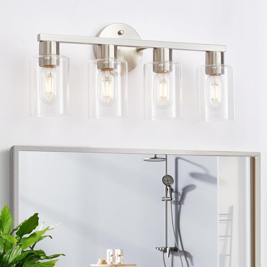 4 Light Bathroom Vanity Light, Farmhouse Bathroom Light Fixtures with Clear Glass Shade, Brushed Nickel Lights for Vanity Mirror, Modern Lighting Fixtures for Mirror Bedroom Living Room Hallway Porch