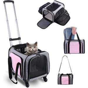 Pet Carrier Airline Approved on Wheels - Two Sided Expandable Cat Soft Carrier for Puppy and Cats Under 26lbs, Rolling Cat Carrier for Airplane, Camping, Outdoor (Pink)