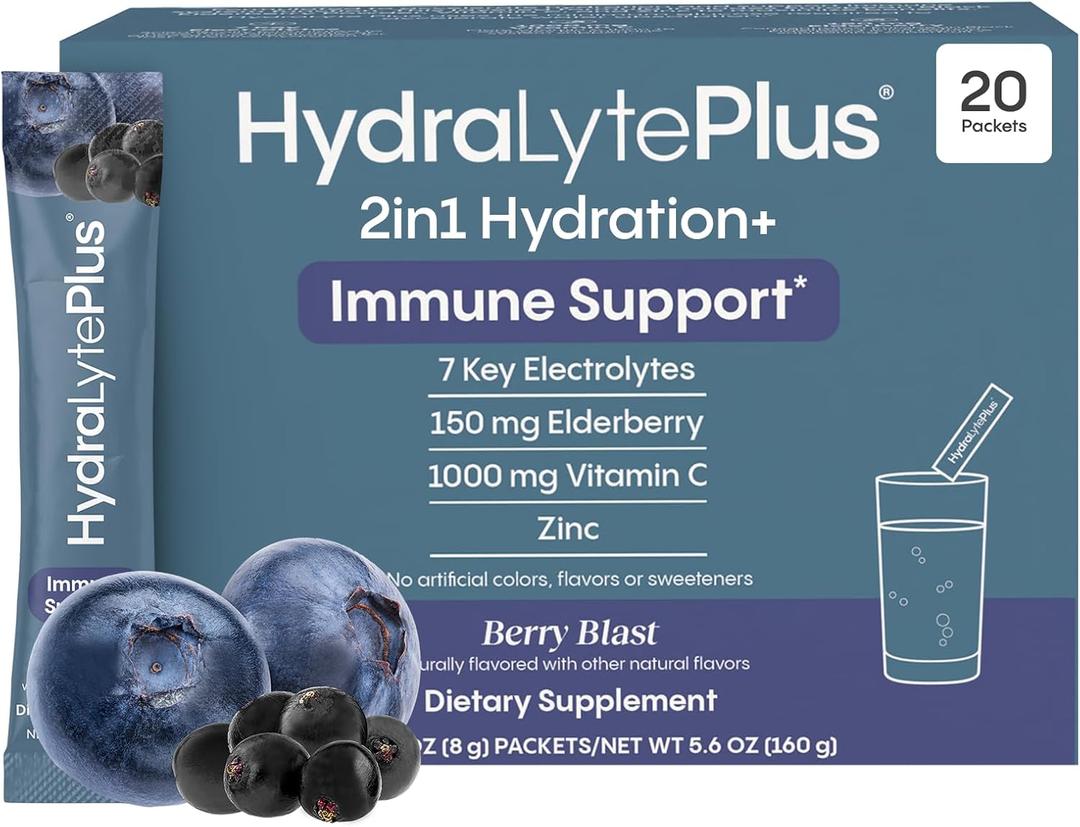 Hydralyte Electrolytes Plus Immunity, Elderberry - Low Sugar Rapid Rehydration Powder - Lightly Sparkling Electrolyte Powder Packets with 1,000mg Vitamin C and 300 mg Elderberry (8oz Serve, 20 Count)