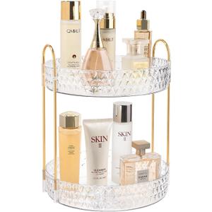 Rotating Makeup Organizer for Vanity, 2 Tier Perfume Skincare Storage for Women, Bathroom Counter Organizer, 360 Spinning Cosmetic Holder for Dresser Countertop, Clear