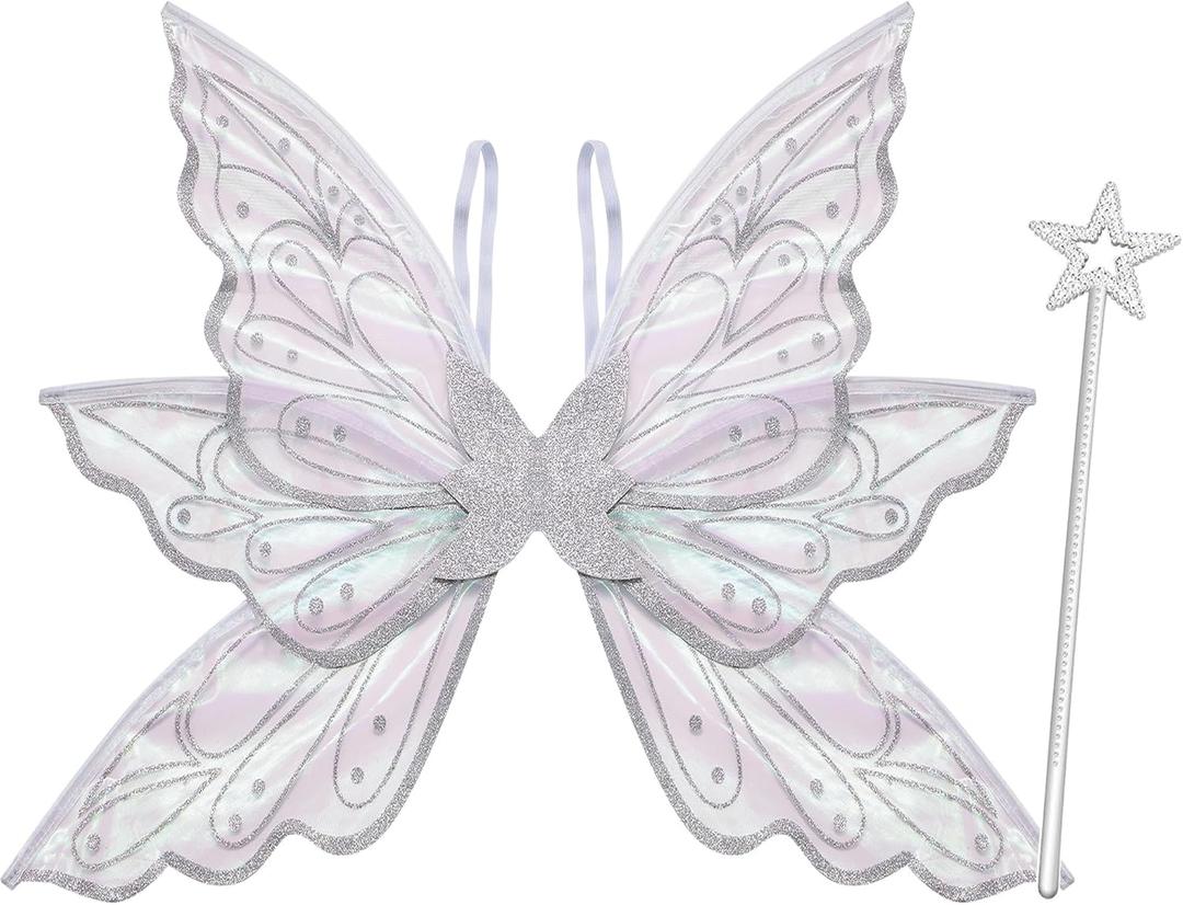 Lizxun Fairy Wings for Women Girls Butterfly Fairy Wings for Sparkle Princess Wings Halloween Cosplay Costumes Party Favor (One Size, Silver)