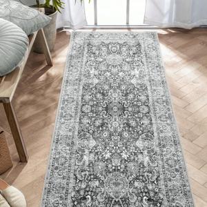 Grey 3x7 Ft Washable Hallway Runner - Non-Slip, Boho Vintage Design with Rubber Backing - Soft, Distressed for Kitchen, Bedroom