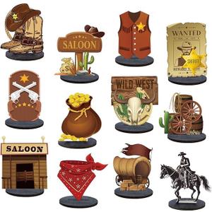 12 Pcs Western Cowboy Centerpieces Wild West Party Table Decoration Cowgirl Birthday Party Baby Shower Country Wedding, Rustic Western Table Decor with Cactus Cow's Head Saloon Door (Brown)