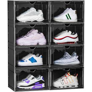 8 Pack XL Shoe Storage Box Organizer,Drop Side Large Shoe Boxes Clear Plastic Stackable Container,Magnetic Sneaker Display Case, Fit up to US 1313.4x 10.6x 8.3(8 Pack Black)