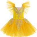 AFAVOM Ballet Leotards for Girls Ballerina Performance Swan Lake Costumes Embroidery Tulle Camisole Skirted Leotard Dancewear (7-8 Years, Yellow)