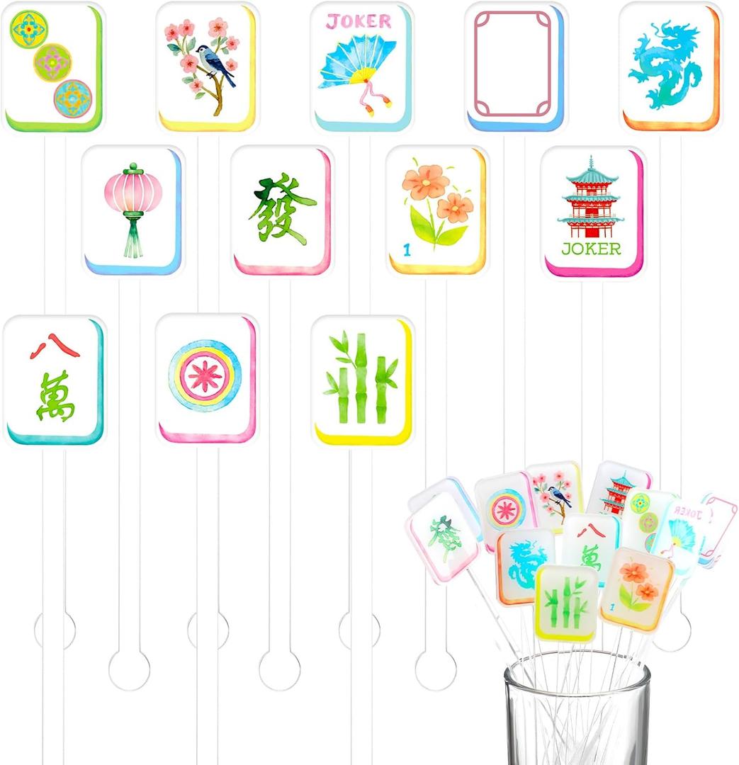 LemonRoad 24 Pcs Mahjong Cocktail Swizzle Sticks, Plastic Mahjong Drink Stirrers, Acrylic Shafts for Cocktail, Coffee, Whiskey Beverage, Crystal Cake, Bars, Restaurants, Cafes, Home (Cute)