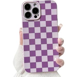 NITITOP Compatible with iPhone 14 Pro Max Case Cute Aesthetic Checkerboard Checkered Pattern for Women Girl Trendy Slim Fit TPU Silicone Shockproof Full Camera Protection Cover - Purple