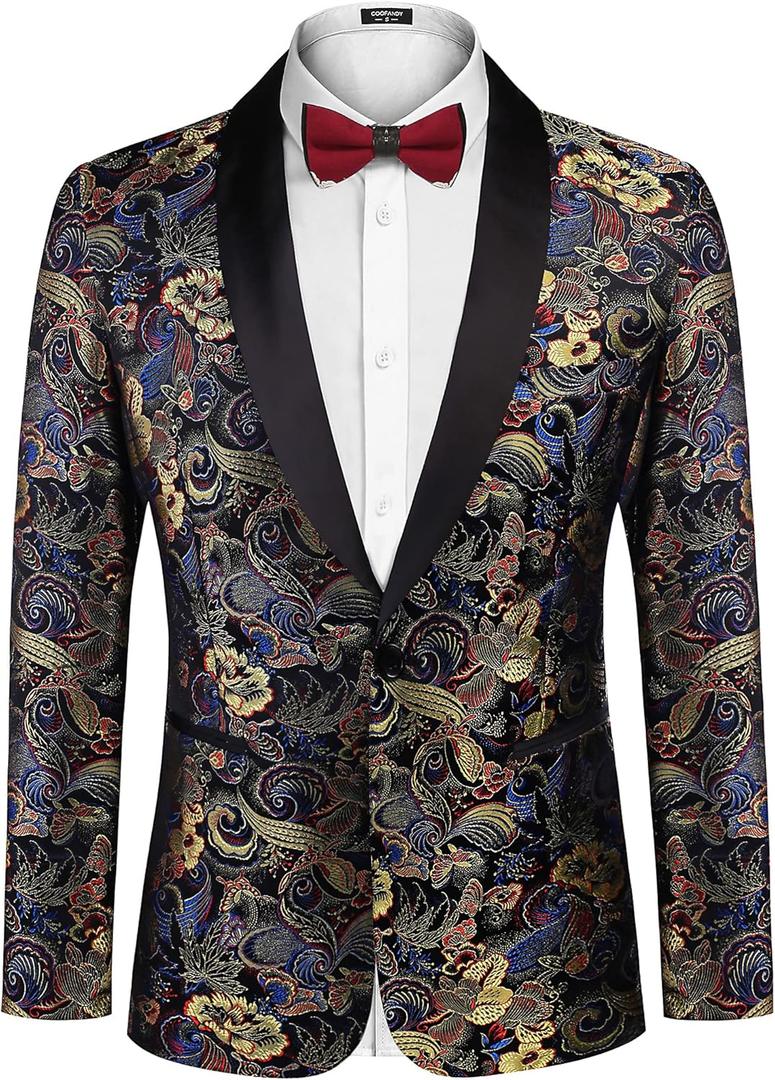 COOFANDY Men's Floral Tuxedo Jacket Luxury Embroidered Stylish Suit Blazer Jacket for Wedding Party Dinner (Large, Butterfly-black)