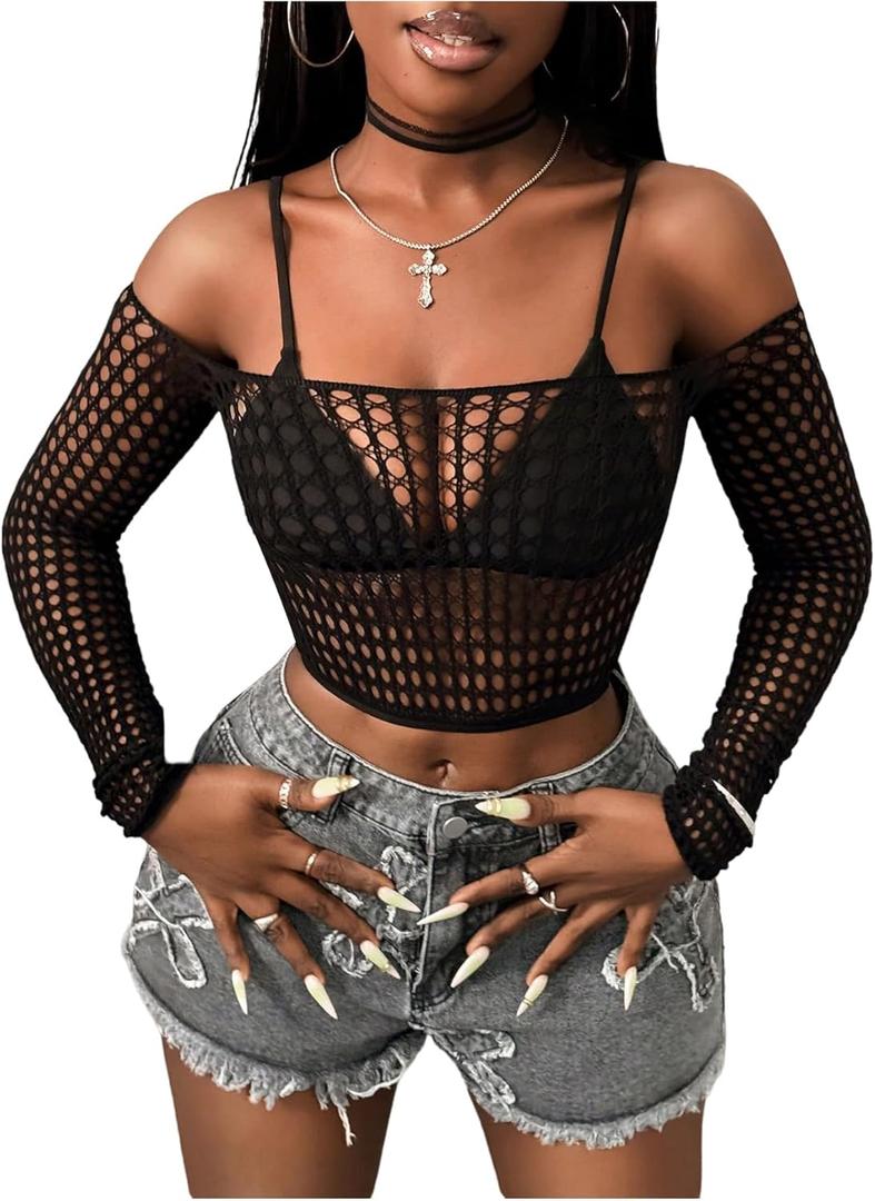 Floerns Women's Hollow Out Mesh Long Sleeve Crop Tops Off The Shoulder Y2k T Shirts (Black)