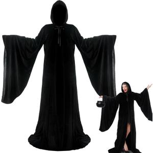 Tarpop 63 Inch Black Velvet Wizard Robe Witch Cloak for Women Renaissance Long Halloween Hooded Black Cape for Men Halloween Cosplay Costume