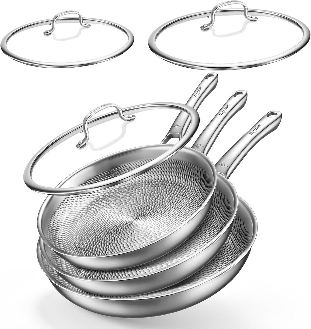 8+10+12 Inch Titanium Pan with Lid, Non-Stick Frying Pans, PFAS/PFOA/PTFE-Free, Dishwasher & Oven Safe, Compatible with Gas & Induction Cooktops,G1