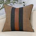 Yangest Patchwork Pillow Cover 20x20 Inch Luxury Cotton and Linen Cushion Cover Faux Leather Pillowcover for Couch Bedroom Living Room, Brown