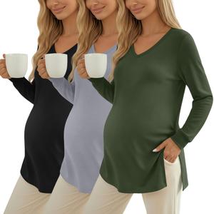 Huukeay 3 Pack Women's Thermal Maternity Shirts Long Sleeve Fleece Lined Pregnancy Tops Split Side V Neck Maternity Clothes(White, Light Gray, Black,Small)