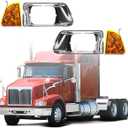 Pair Headlight Bezel with LED Turn Signal Light Compatible with Kenworth T300 T330 Replacement Driver Left and Passenger Right Side Chrome (No Headlight Bulb)
