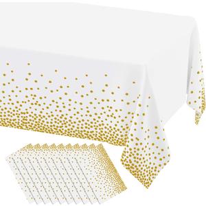 misaya 10 Packs Dot Disposable Table Cloth, 54 x 108 Inch Waterproof Plastic Tablecloth, Rectangle Gold Dots in White Table Covers for Picnic, Birthday, Party